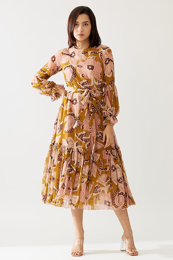 Mustard & Pink Chiffon Floral Printed Midi Dress With Belt by Koai
