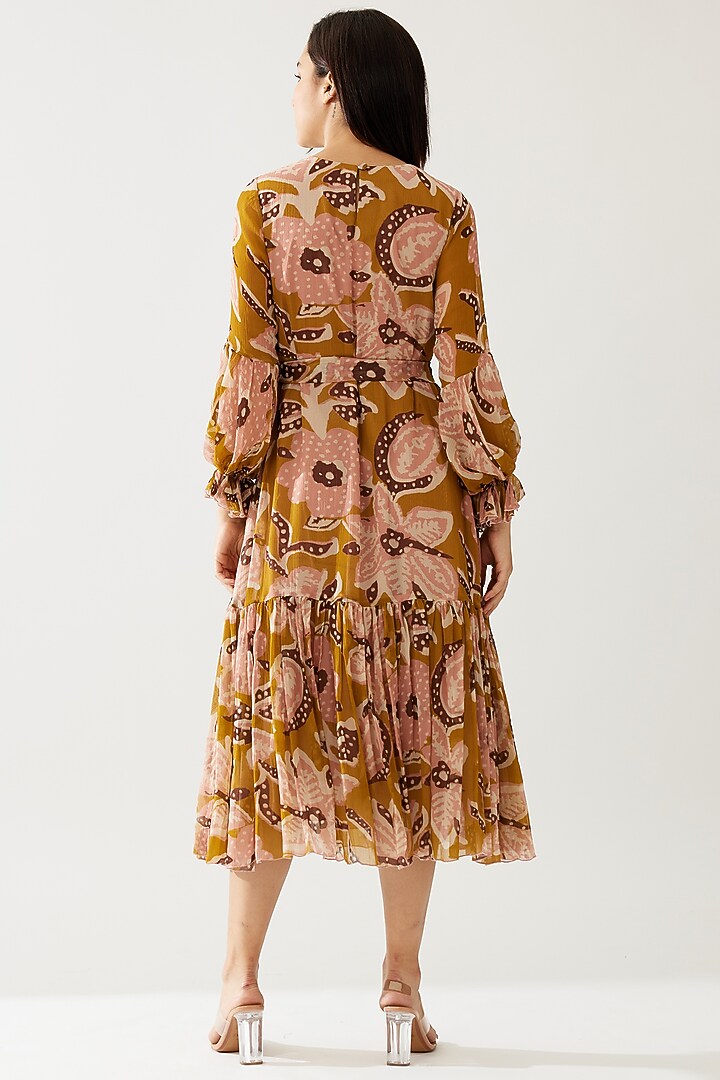 Mustard & Pink Chiffon Floral Printed Midi Vacation Dress With Belt by Koai at Pernia's Pop Up Shop