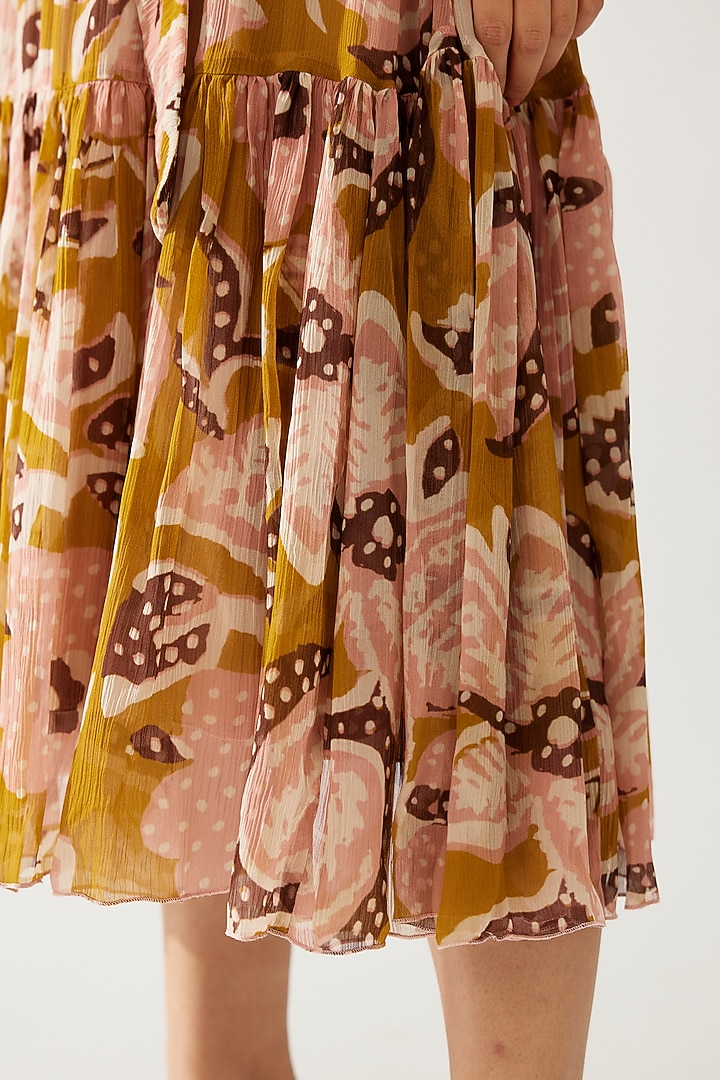 Mustard & Pink Chiffon Floral Printed Midi Vacation Dress With Belt by Koai at Pernia's Pop Up Shop