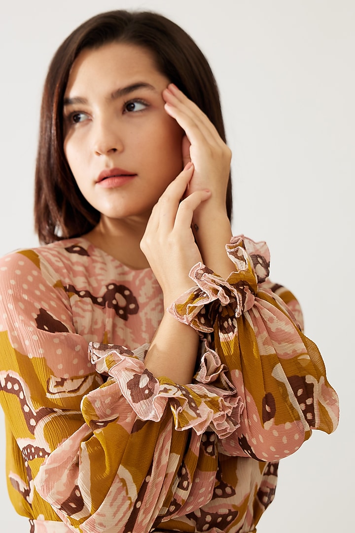 Mustard & Pink Chiffon Floral Printed Midi Vacation Dress With Belt by Koai at Pernia's Pop Up Shop