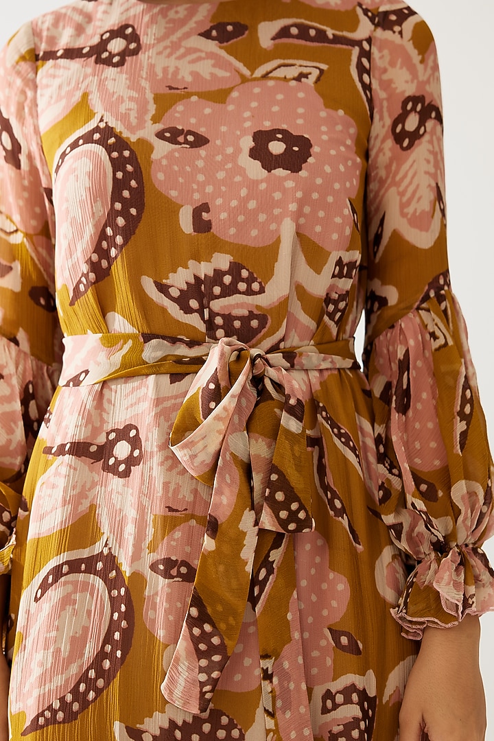 Mustard & Pink Chiffon Floral Printed Midi Vacation Dress With Belt by Koai at Pernia's Pop Up Shop
