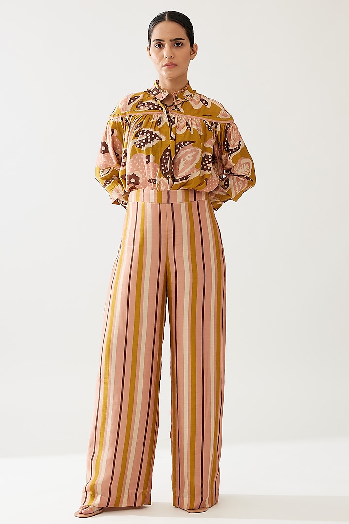 Mustard & Pink Cotton Silk Stripe Printed Pants by Koai