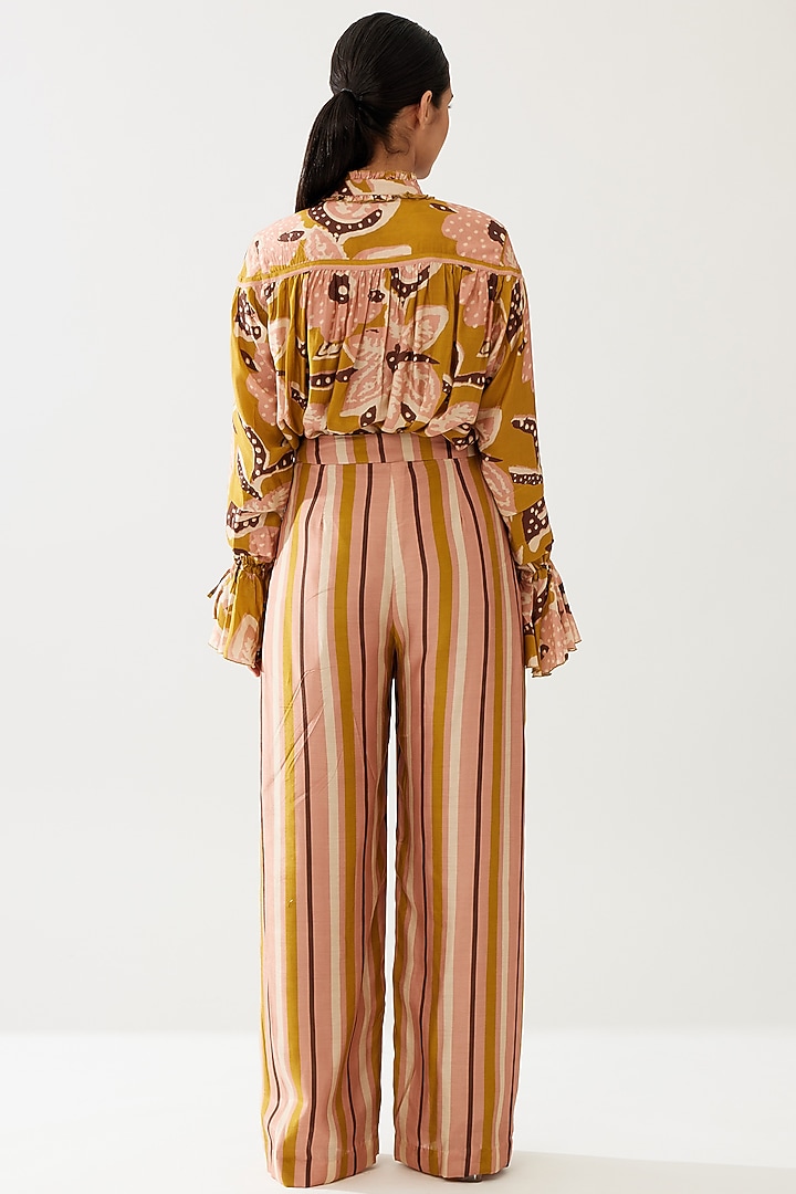 Mustard & Pink Cotton Silk Stripe Printed Pants by Koai at Pernia's Pop Up Shop