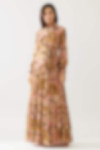 Pink & Mustard Chiffon Floral Maxi Printed Dress With Belt by Koai at Pernia's Pop Up Shop