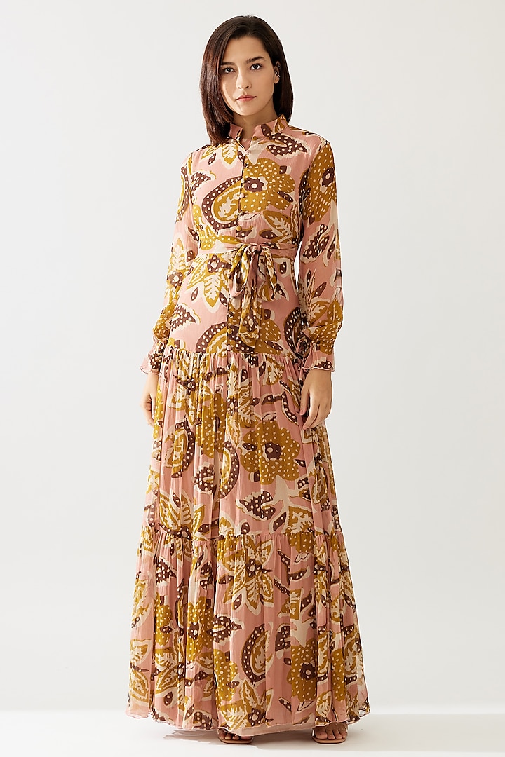 Pink & Mustard Chiffon Floral Maxi Printed Dress With Belt by Koai at Pernia's Pop Up Shop