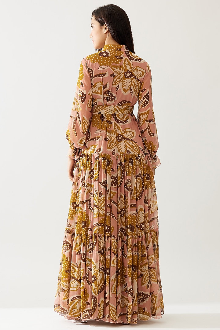Pink & Mustard Chiffon Floral Maxi Printed Vacation Dress With Belt by Koai at Pernia's Pop Up Shop