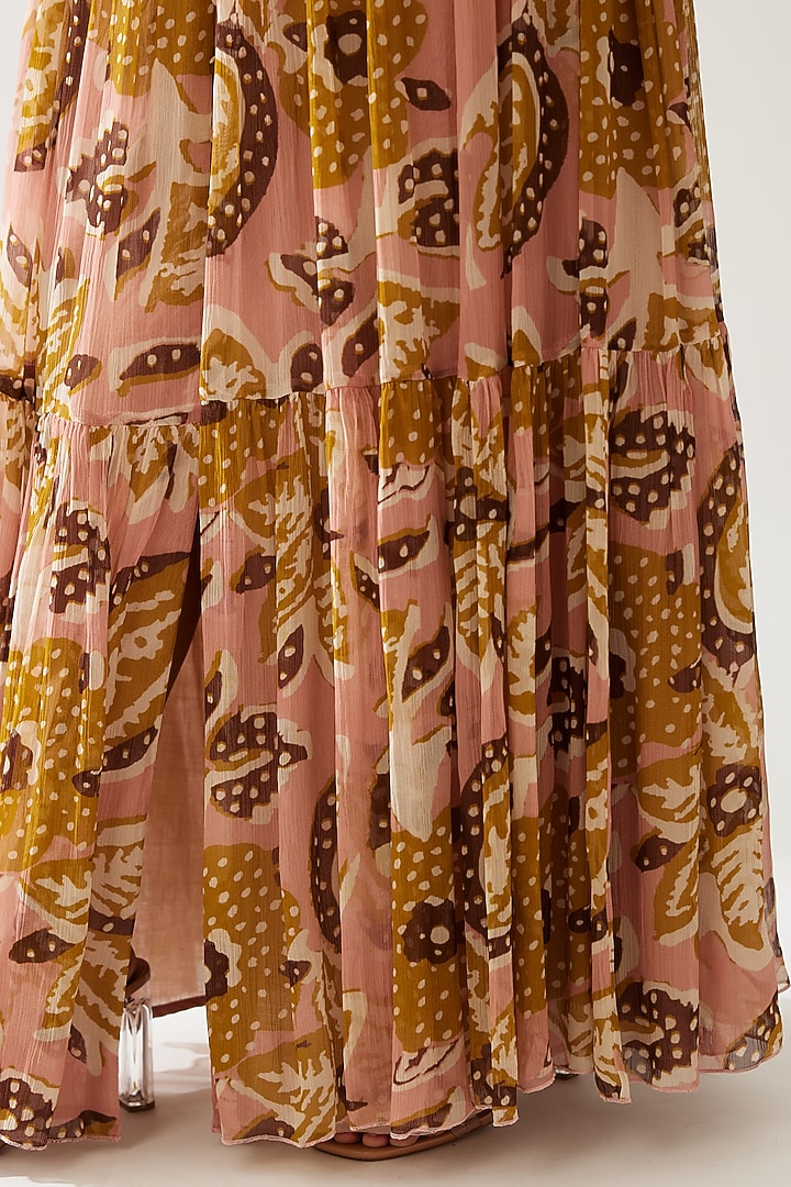 Pink & Mustard Chiffon Floral Maxi Printed Vacation Dress With Belt by Koai at Pernia's Pop Up Shop