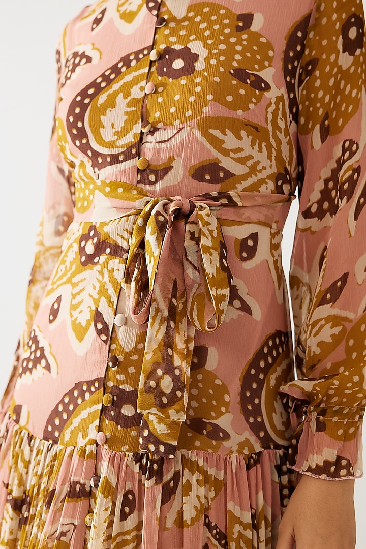 Pink & Mustard Chiffon Floral Maxi Printed Vacation Dress With Belt by Koai at Pernia's Pop Up Shop