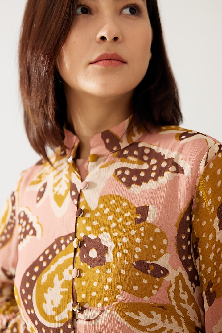 Pink & Mustard Chiffon Floral Maxi Printed Vacation Dress With Belt by Koai at Pernia's Pop Up Shop