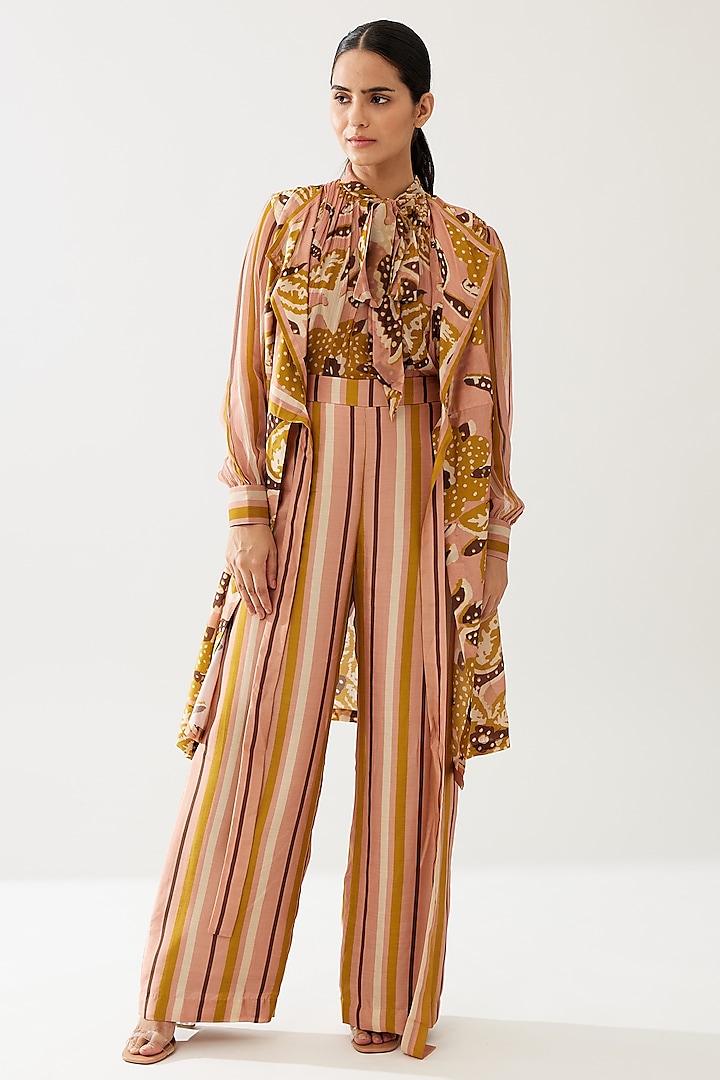 Mustard & Pink Cotton Silk Stripe Printed Pants by Koai