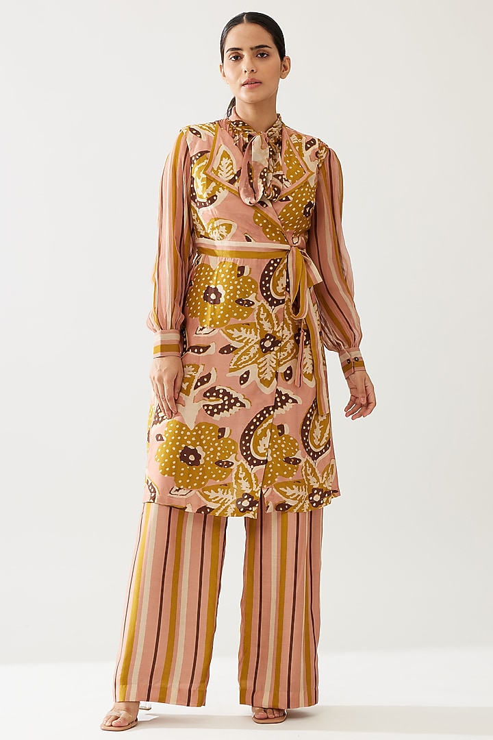 Pink & Mustard Cotton Silk Floral Printed Jacket by Koai at Pernia's Pop Up Shop