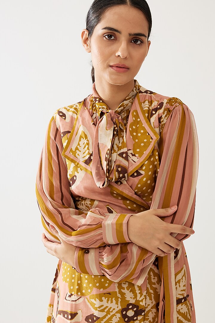 Pink & Mustard Cotton Silk Floral Printed Jacket by Koai at Pernia's Pop Up Shop