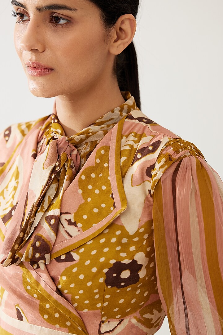Pink & Mustard Cotton Silk Floral Printed Jacket by Koai at Pernia's Pop Up Shop
