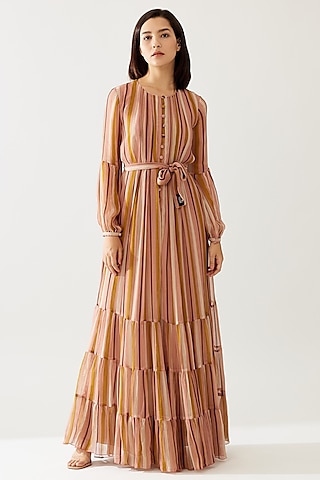 Pink & Mustard Chiffon Stripe Printed Layered Dress With Belt by Koai