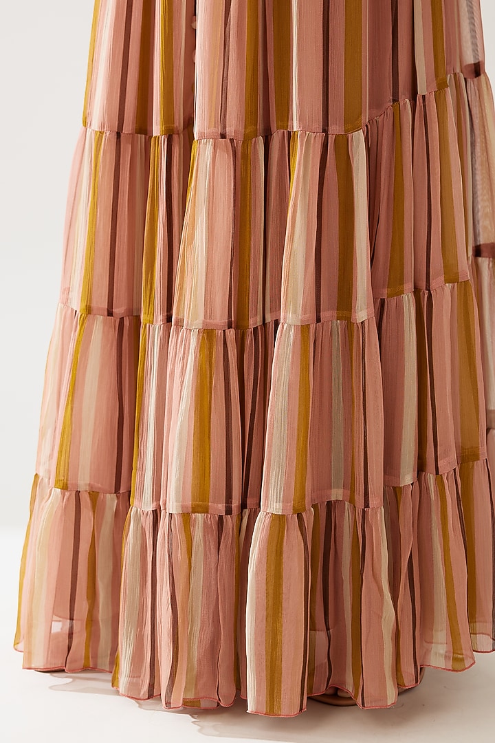 Pink & Mustard Chiffon Stripe Printed Layered Vacation Dress With Belt by Koai at Pernia's Pop Up Shop