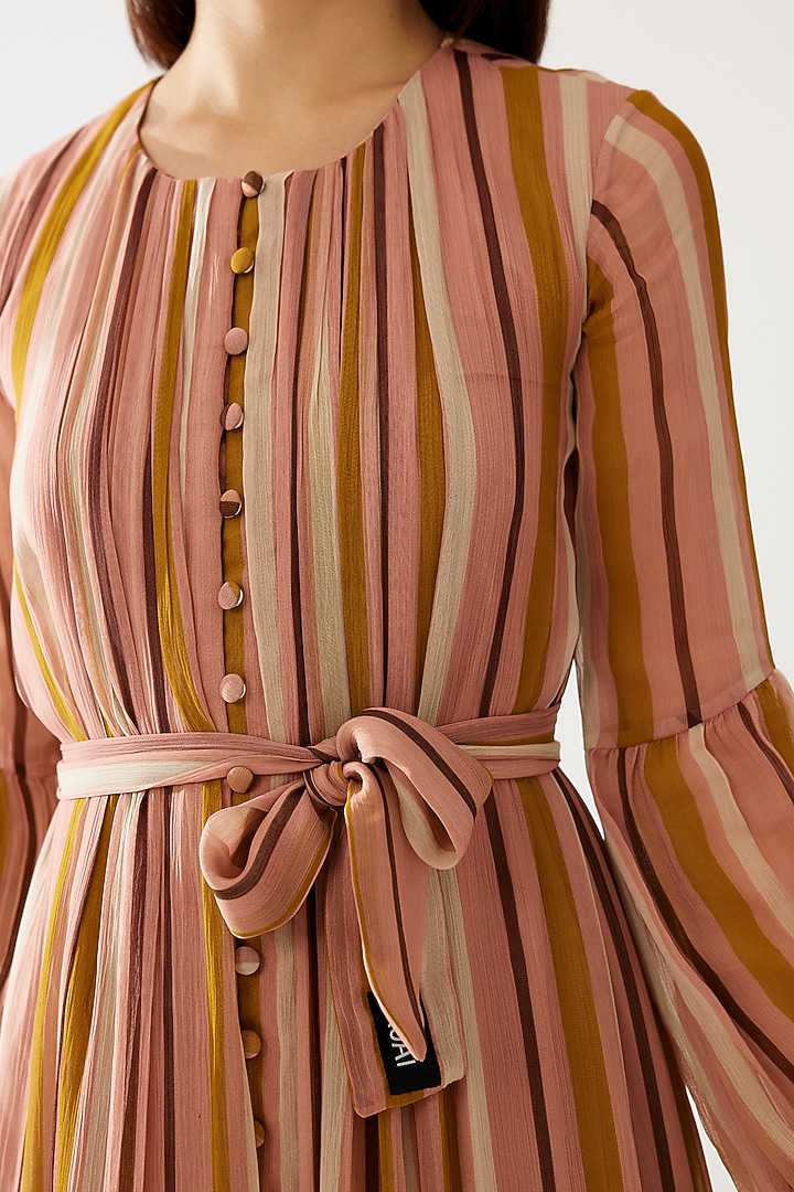 Pink & Mustard Chiffon Stripe Printed Layered Vacation Dress With Belt by Koai at Pernia's Pop Up Shop