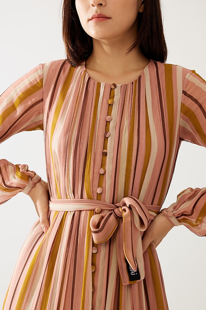 Pink & Mustard Chiffon Stripe Printed Layered Vacation Dress With Belt by Koai at Pernia's Pop Up Shop