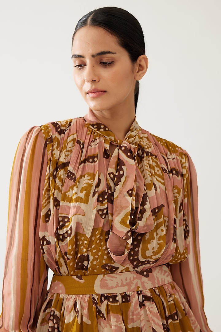 Pink & Mustard Chiffon Floral Printed Top by Koai