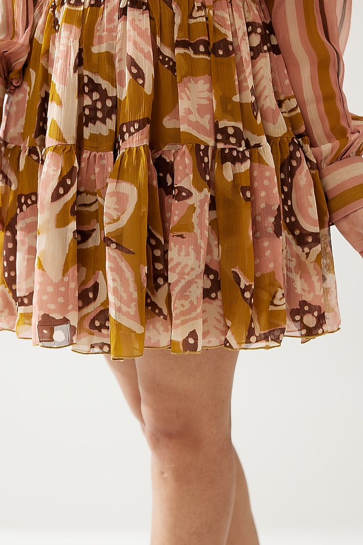 Pink & Mustard Chiffon Floral Printed Mini Skirt by Koai at Pernia's Pop Up Shop
