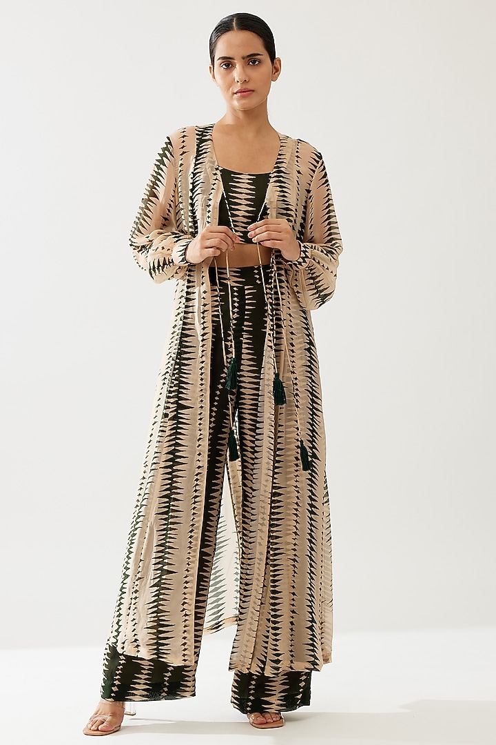 Cream & Green Cupro Chiffon Floral Printed Cape by Koai at Pernia's Pop Up Shop