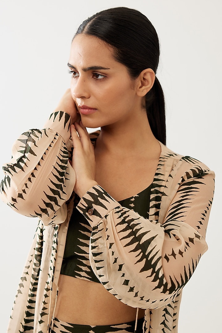 Cream & Green Cupro Chiffon Floral Printed Cape by Koai at Pernia's Pop Up Shop
