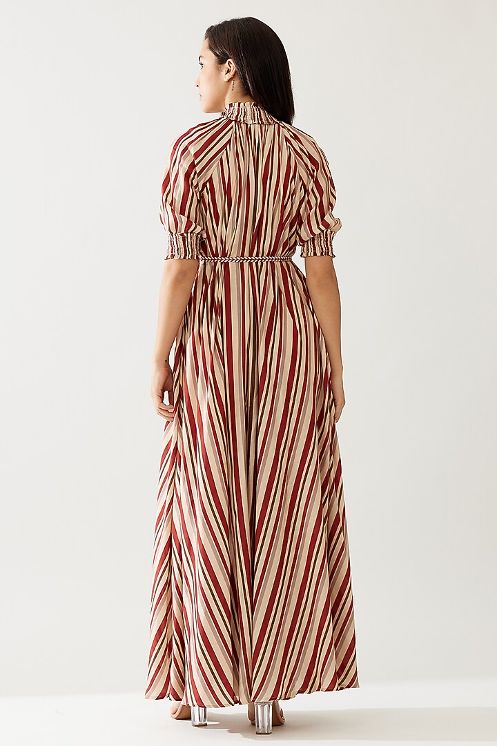 Red & Green Cotton Silk Stripe Printed Vacation Dress With Belt by Koai at Pernia's Pop Up Shop