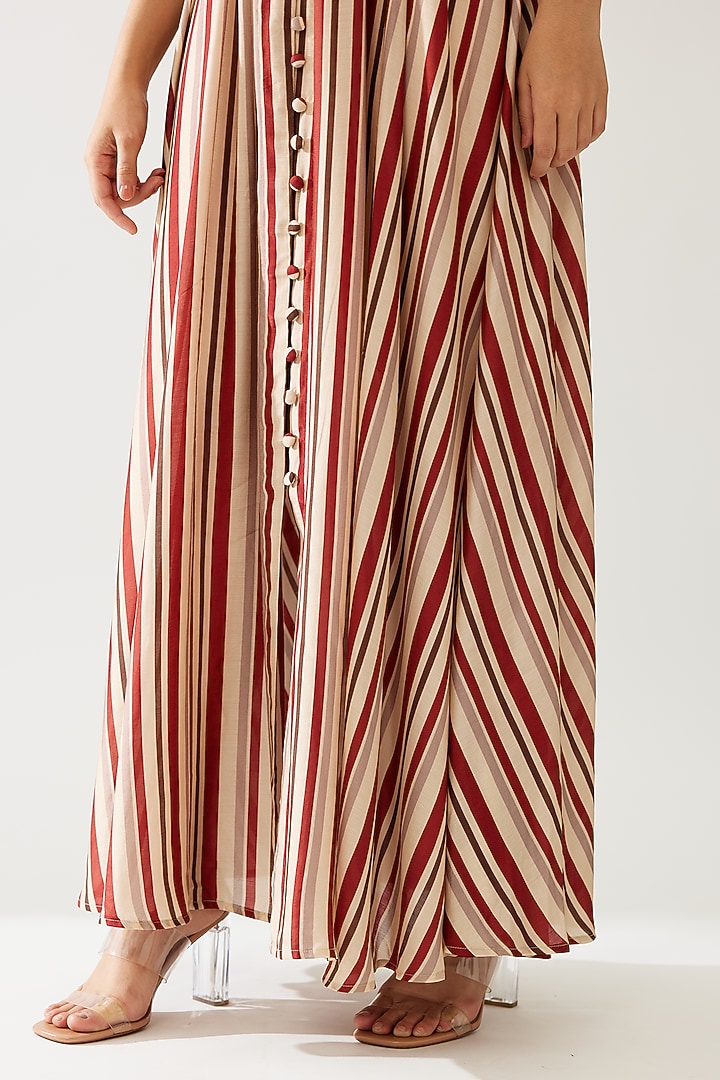 Red & Green Cotton Silk Stripe Printed Vacation Dress With Belt by Koai at Pernia's Pop Up Shop