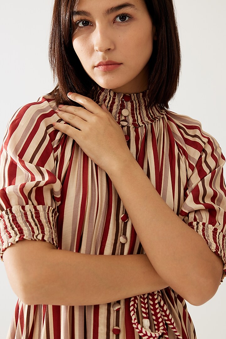 Red & Green Cotton Silk Stripe Printed Vacation Dress With Belt by Koai at Pernia's Pop Up Shop