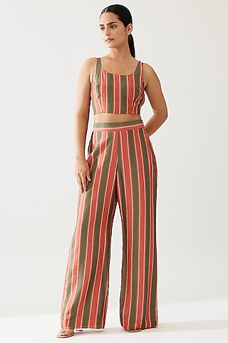 Green & Cream Cotton Silk Stripe Printed Bustier by Koai