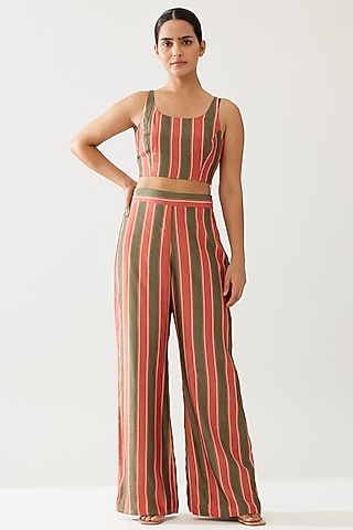 Green & Cream Cotton Silk Stripe Printed Pants by Koai