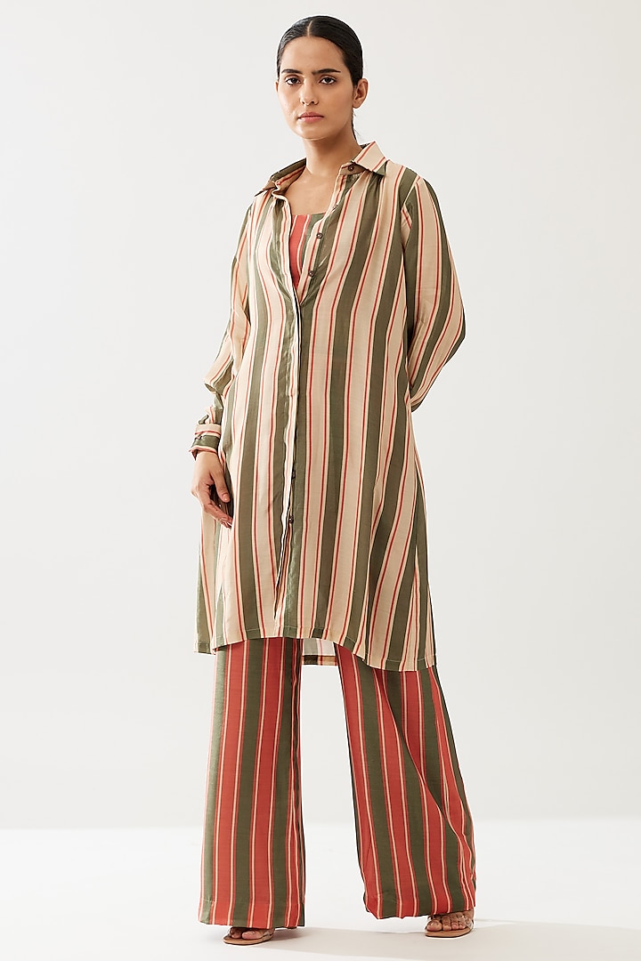 Green & Cream Cotton Silk Stripe Printed Long Shirt by Koai
