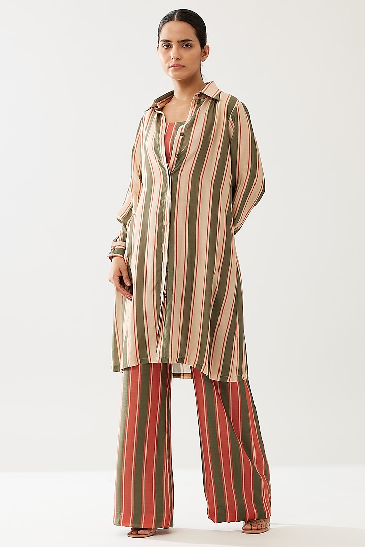 Green & Cream Cotton Silk Stripe Printed Long Shirt by Koai at Pernia's Pop Up Shop