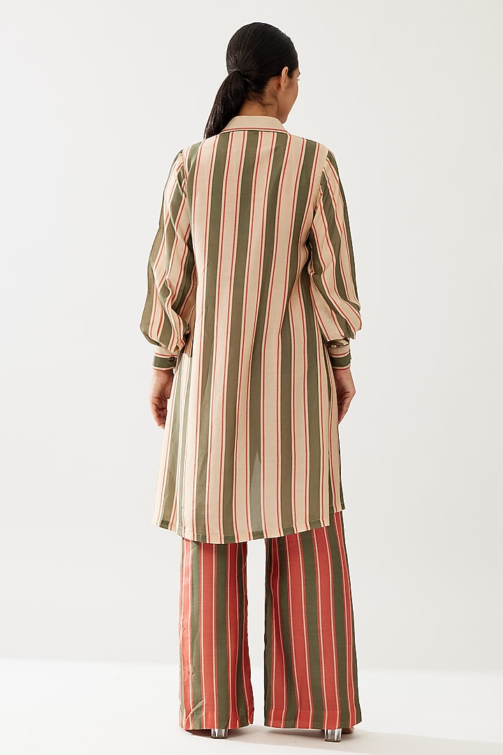 Green & Cream Cotton Silk Stripe Printed Long Shirt by Koai at Pernia's Pop Up Shop