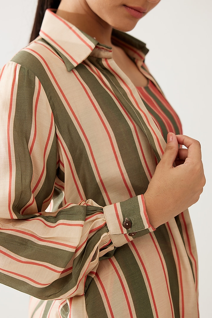 Green & Cream Cotton Silk Stripe Printed Long Shirt by Koai at Pernia's Pop Up Shop