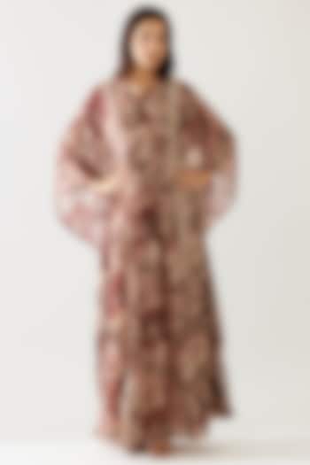 Red & Peach Cupro Chiffon Floral Printed Kaftan Dress by Koai at Pernia's Pop Up Shop