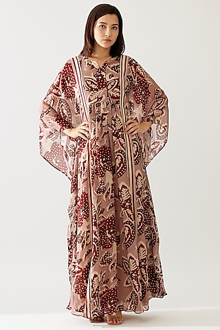Red & Peach Cupro Chiffon Floral Printed Kaftan Dress by Koai