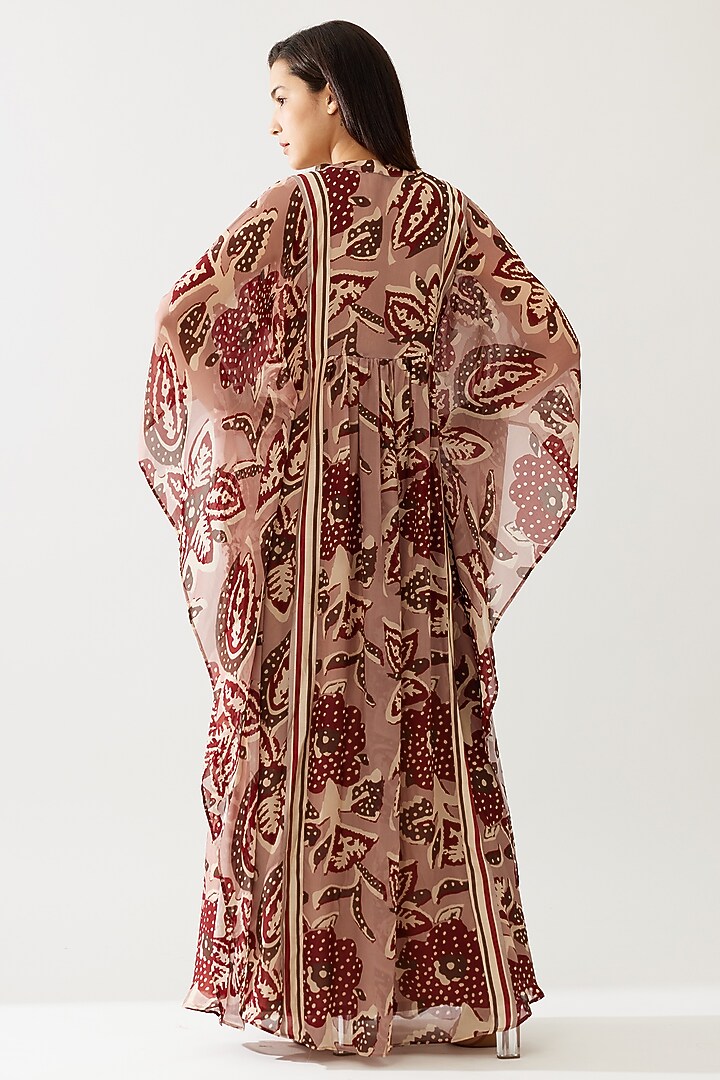 Red & Peach Cupro Chiffon Floral Printed Kaftan Dress by Koai at Pernia's Pop Up Shop
