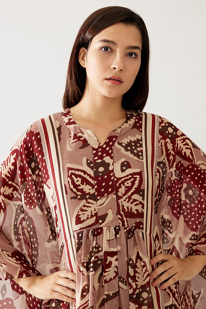 Red & Peach Cupro Chiffon Floral Printed Kaftan Dress by Koai at Pernia's Pop Up Shop