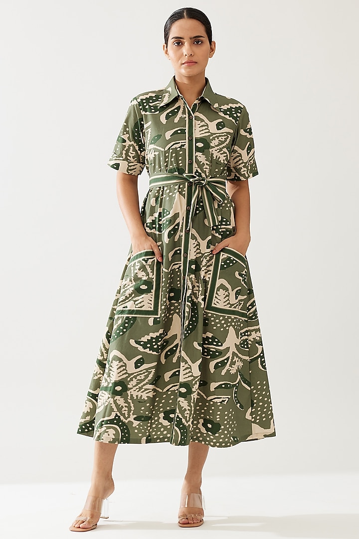 Green & Cream Poplin Cotton Floral Printed Shirt Dress by Koai