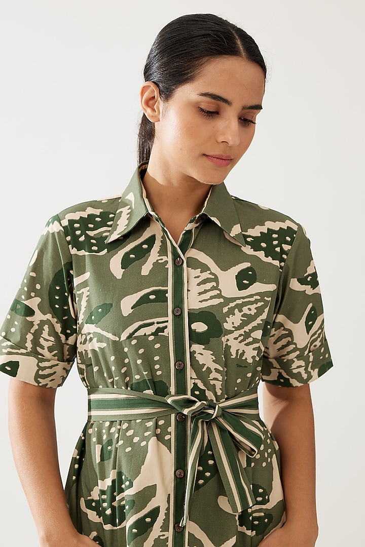Green & Cream Poplin Cotton Floral Printed Summer Shirt Dress by Koai at Pernia's Pop Up Shop