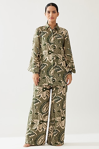 Green & Cream Cotton Silk Floral Printed Long Shirt by Koai