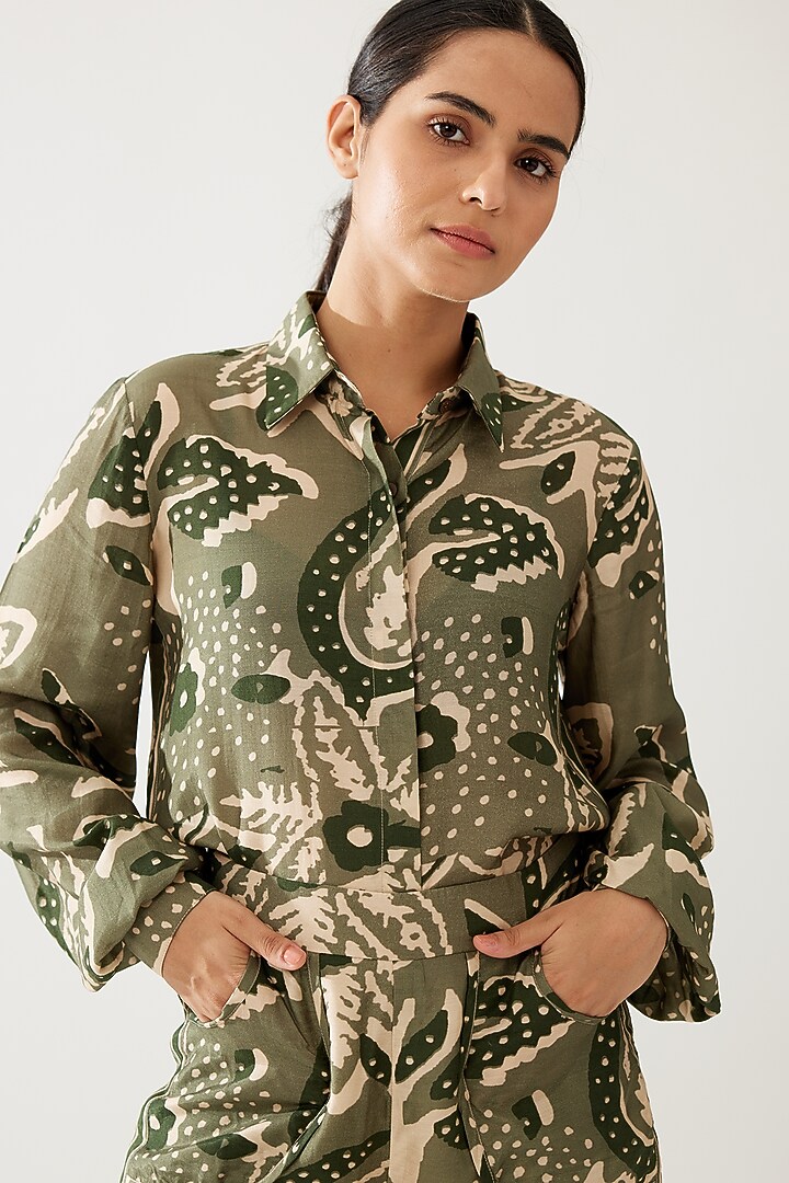 Green & Cream Cotton Silk Floral Printed Long Shirt by Koai at Pernia's Pop Up Shop
