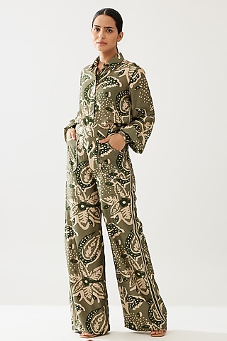 Green & Cream Cotton Silk Floral Printed Pants by Koai
