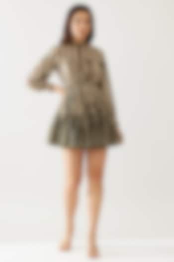 Green & Cream Cupro Chiffon Stripe Printed Mini Vacation Dress With Belt by Koai at Pernia's Pop Up Shop