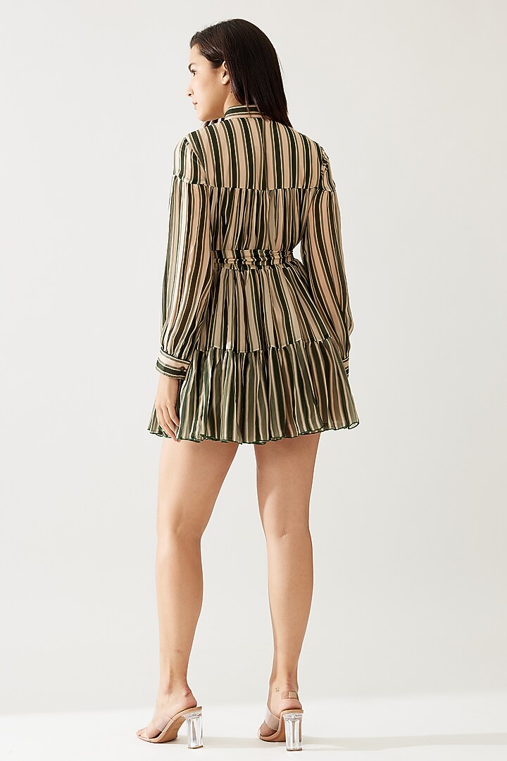 Green & Cream Cupro Chiffon Stripe Printed Mini Vacation Dress With Belt by Koai at Pernia's Pop Up Shop