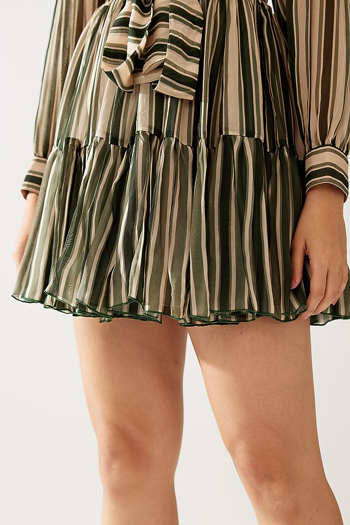 Green & Cream Cupro Chiffon Stripe Printed Mini Vacation Dress With Belt by Koai at Pernia's Pop Up Shop