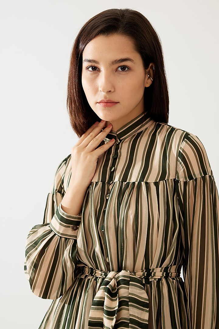 Green & Cream Cupro Chiffon Stripe Printed Mini Vacation Dress With Belt by Koai at Pernia's Pop Up Shop