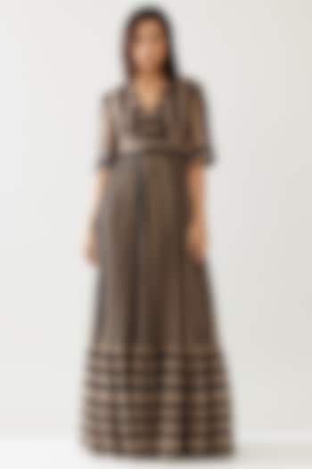 Dark Green & Beige Chiffon Stripe Printed Maxi Dress by Koai