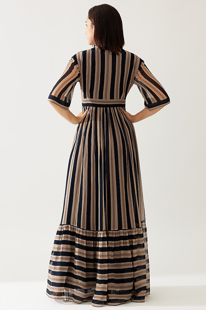 Dark Green & Beige Chiffon Stripe Printed Maxi Vacation Dress by Koai at Pernia's Pop Up Shop