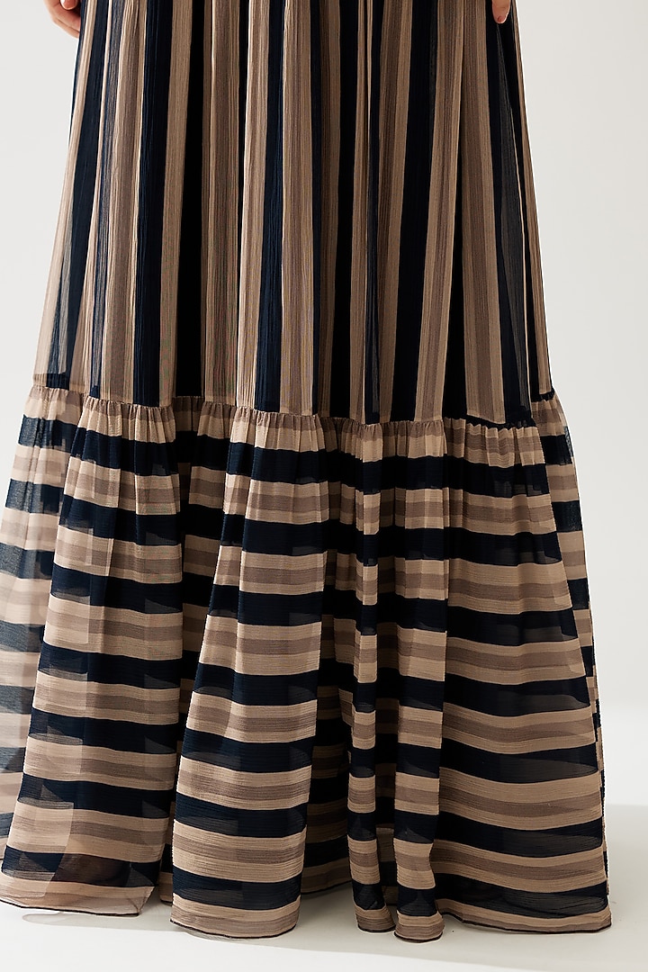 Dark Green & Beige Chiffon Stripe Printed Maxi Vacation Dress by Koai at Pernia's Pop Up Shop